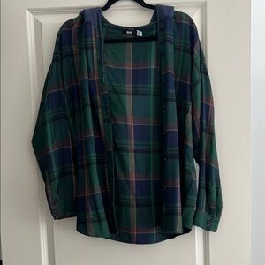 BDG Green and Blue Hooded Flannel